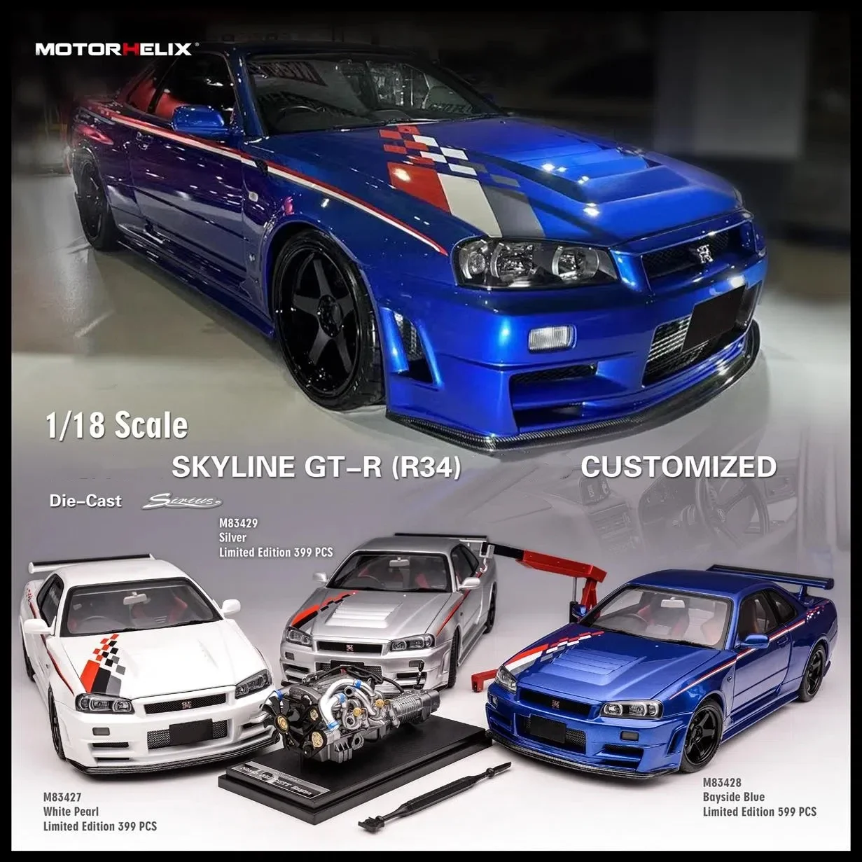 MH 1:18 Skyline R34 JDM Blue/White/Silver/Purple Simulation Limited Edition All Open Alloy Metal Static Car Model Toy Gift
MH 1:18 Skyline R34 JDM Blue/White/Silver/Purple Simulation Limited Edition All Open Alloy Metal Static Car Model Toy Gift
