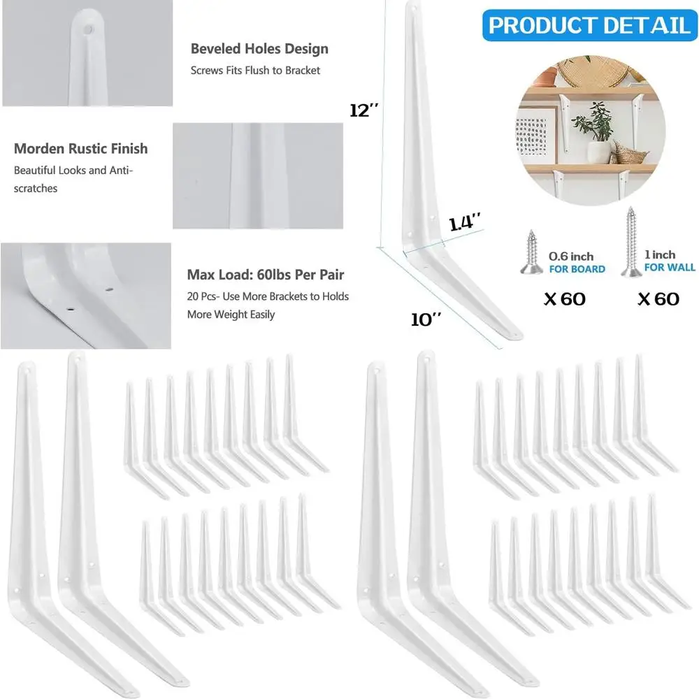 12-дюймовые белые сверхпрочные стальные настенные кронштейны для настенных полок, металлические L-образные кронштейны для угловой опоры и установки деревянной доски
12-дюймовые белые сверхпрочные стальные настенные кронштейны для настенных полок, металлические L-образные кронштейны для угловой опоры и установки деревянной доски