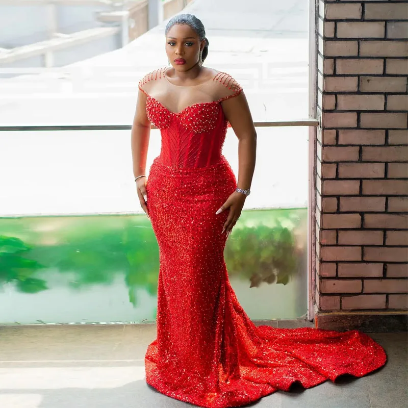 Red Sequin Mermaid Evening Dresses Crystals Aso Ebi Birthday Party Gown for Women Sheer Neck Cap Sleeve Vestidos De Noche
Red Sequin Mermaid Evening Dresses Crystals Aso Ebi Birthday Party Gown for Women Sheer Neck Cap Sleeve Vestidos De Noche