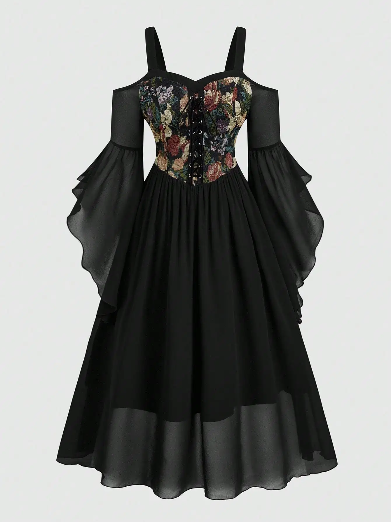 Plus Size Floral Bustier Dress with Lace-Up Front and Flared Sheer Sleeves
Plus Size Floral Bustier Dress with Lace-Up Front and Flared Sheer Sleeves