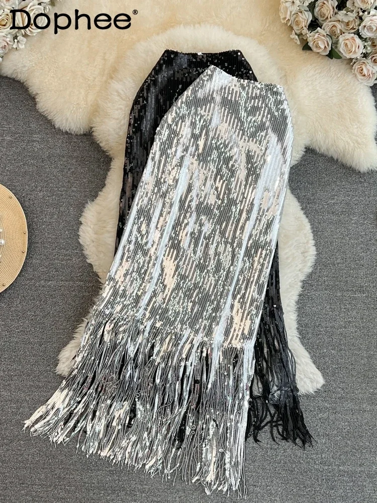 Sequins Celebrity Dance Style Shiny Film Elastic High Waist Skirts Long Tassel Hip Skirts Women Korean Fashion Clothing
Sequins Celebrity Dance Style Shiny Film Elastic High Waist Skirts Long Tassel Hip Skirts Women Korean Fashion Clothing
