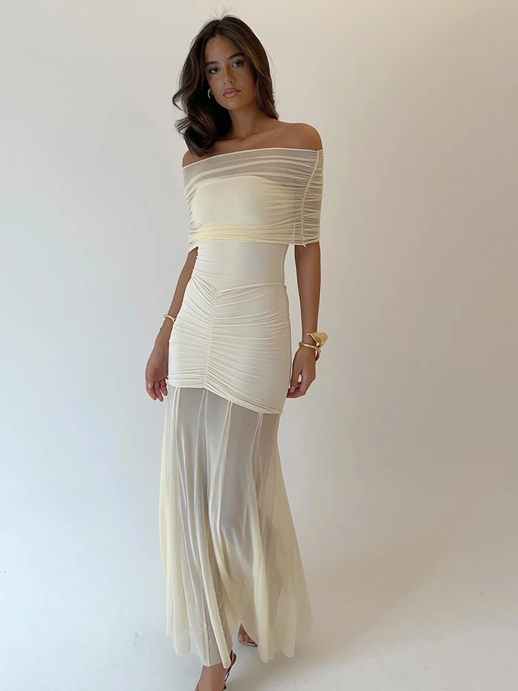 Elegant Off-Shoulder Mesh Maxi Dress – Sheer Mermaid Evening Gown for Women – Beach Wedding Guest or Summer Evening Look
Elegant Off-Shoulder Mesh Maxi Dress – Sheer Mermaid Evening Gown for Women – Beach Wedding Guest or Summer Evening Look
