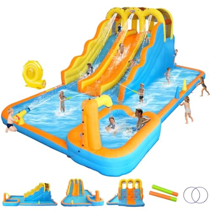 Large Inflatable Water Slide Park, 12.8*22.6*8.3ft Triple Lane Water Slides with Climbing Wall, Deep Pool, Splash Pool, Water Cannon, Ring Toss, Backyard Water Park for Big Kids 3-10yr, 650W Blower
Large Inflatable Water Slide Park, 12.8*22.6*8.3ft Triple Lane Water Slides with Climbing Wall, Deep Pool, Splash Pool, Water Cannon, Ring Toss, Backyard Water Park for Big Kids 3-10yr, 650W Blower