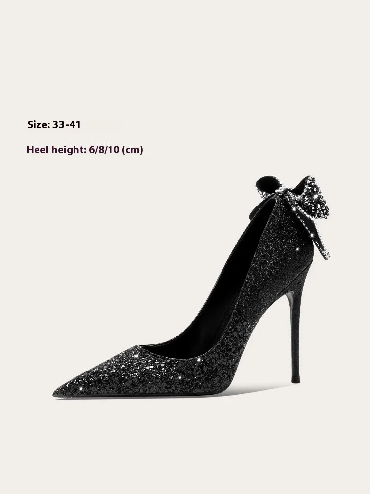 High-heeled shoes spring new pointed shallow sequins rhinestone bow single shoes banquet dress large size small size women shoes
High-heeled shoes spring new pointed shallow sequins rhinestone bow single shoes banquet dress large size small size women shoes