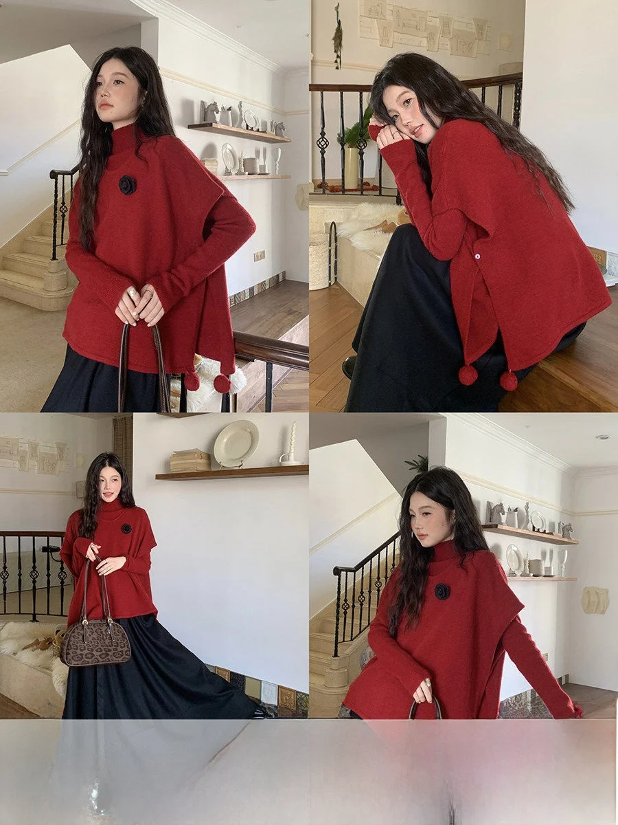 Linyunyun Red High Collar Sweater Vest Cloak Two Piece Set Women's Ele Knitted Top Casual Loose Fit Long Sve Winter
Linyunyun Red High Collar Sweater Vest Cloak Two Piece Set Women's Ele Knitted Top Casual Loose Fit Long Sve Winter