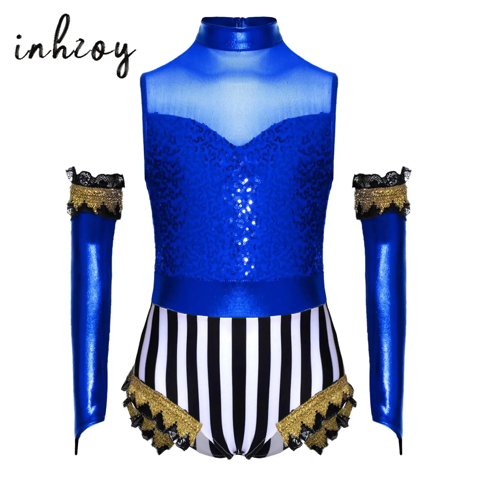 2Pcs Girls Circus Jumpsuit Sequins Sleeveless Lace Gold Webbing Bodysuit+Glossy Metallic Over-Sleeve Halloween Cosplay Costume
2Pcs Girls Circus Jumpsuit Sequins Sleeveless Lace Gold Webbing Bodysuit+Glossy Metallic Over-Sleeve Halloween Cosplay Costume