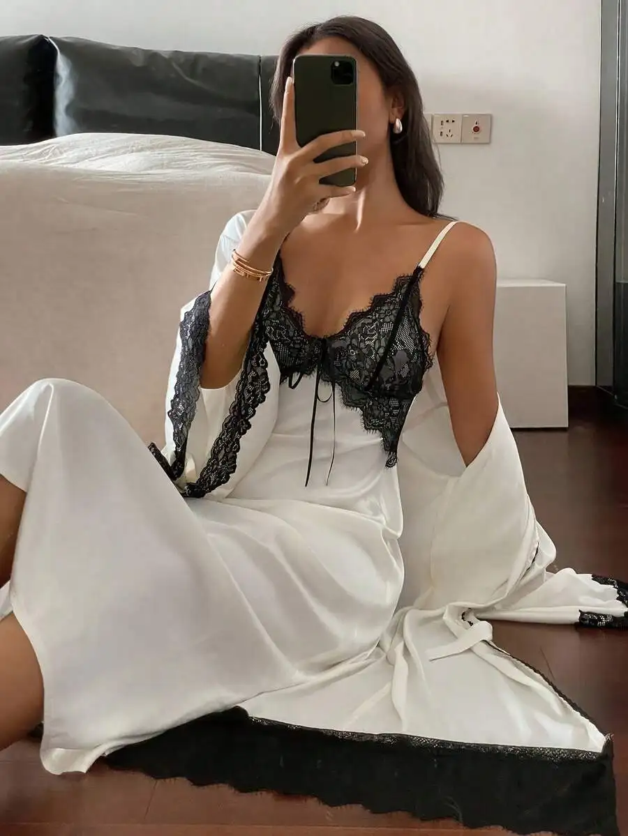 Womens Elegant Lace Trim Satin Nightgown And Robe Set
Womens Elegant Lace Trim Satin Nightgown And Robe Set