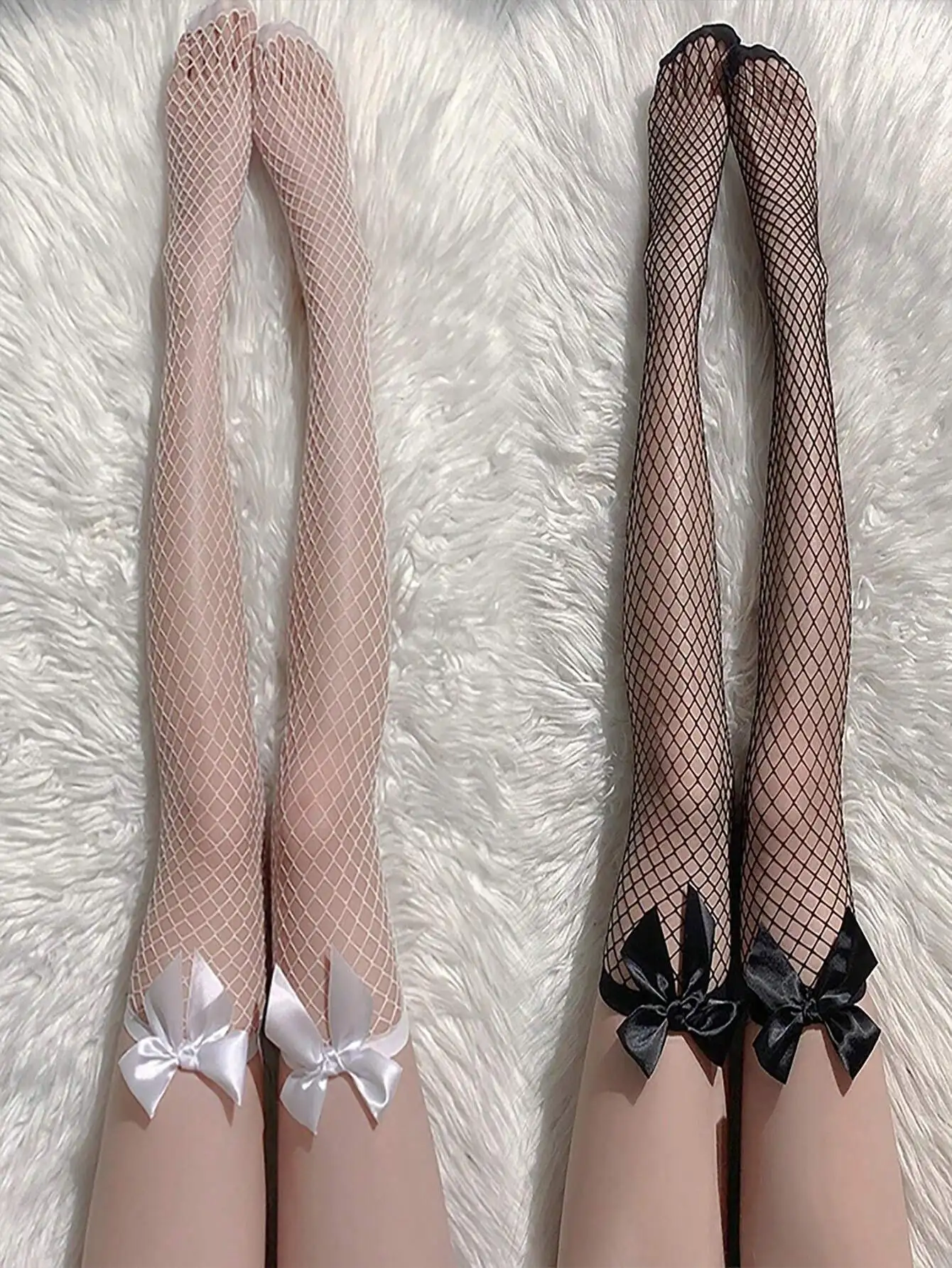 2 Pairs Fishnet Thigh High Stockings with Satin Bow Detail - Black & White
2 Pairs Fishnet Thigh High Stockings with Satin Bow Detail - Black & White