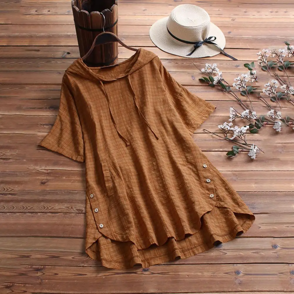 Women Shirt Hooded Drawstring Short Sleeve Mid-length Shirt Plaid Print Loose Fit Casual Style Shirt With Pockets
Women Shirt Hooded Drawstring Short Sleeve Mid-length Shirt Plaid Print Loose Fit Casual Style Shirt With Pockets