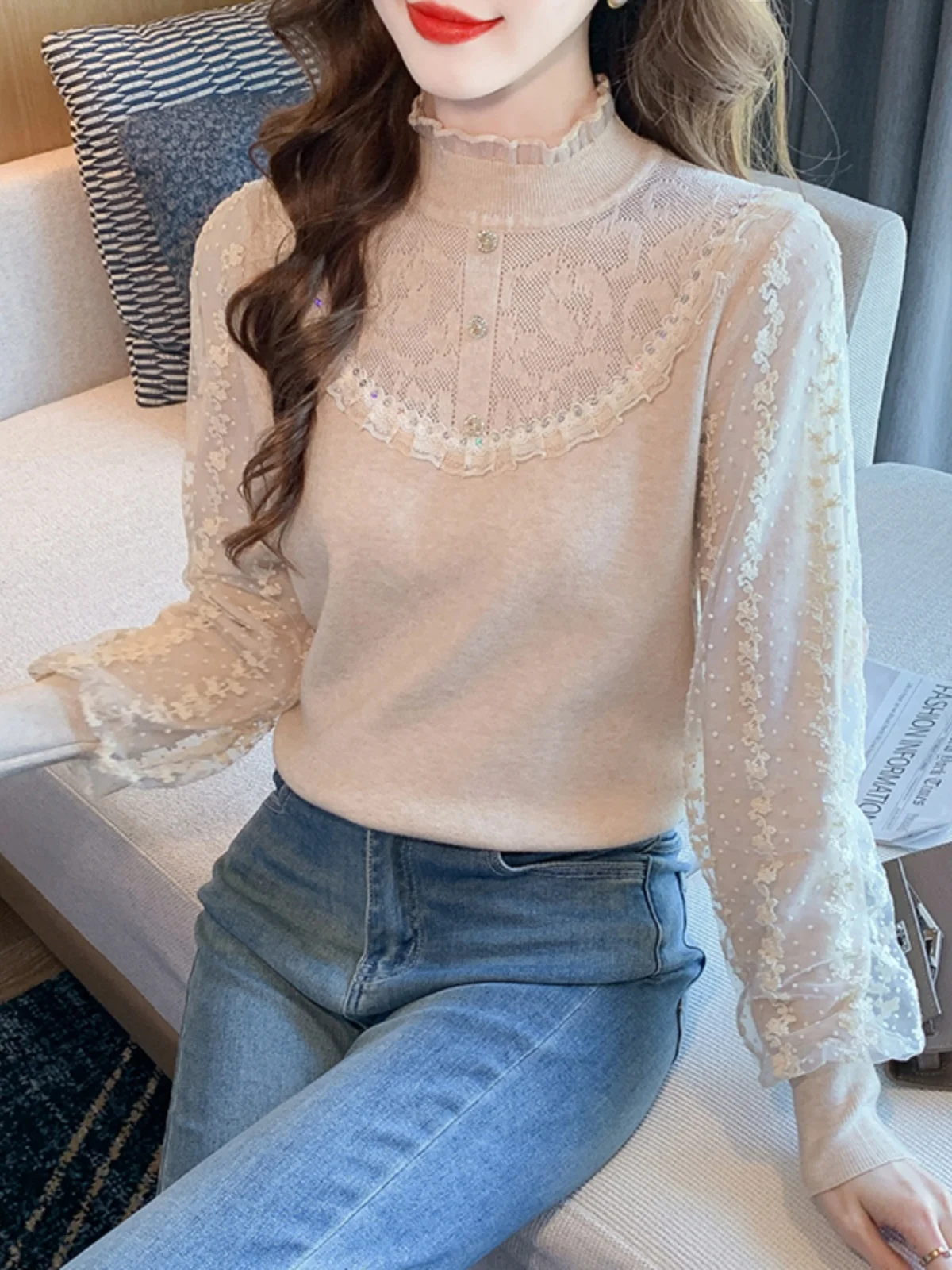 Lace Splice Lace Collar Knitted Long Sleeve Women's Base Shirt Sweater Spring 2026 New Autumn Winter Ladies Top Fashion
Lace Splice Lace Collar Knitted Long Sleeve Women's Base Shirt Sweater Spring 2026 New Autumn Winter Ladies Top Fashion