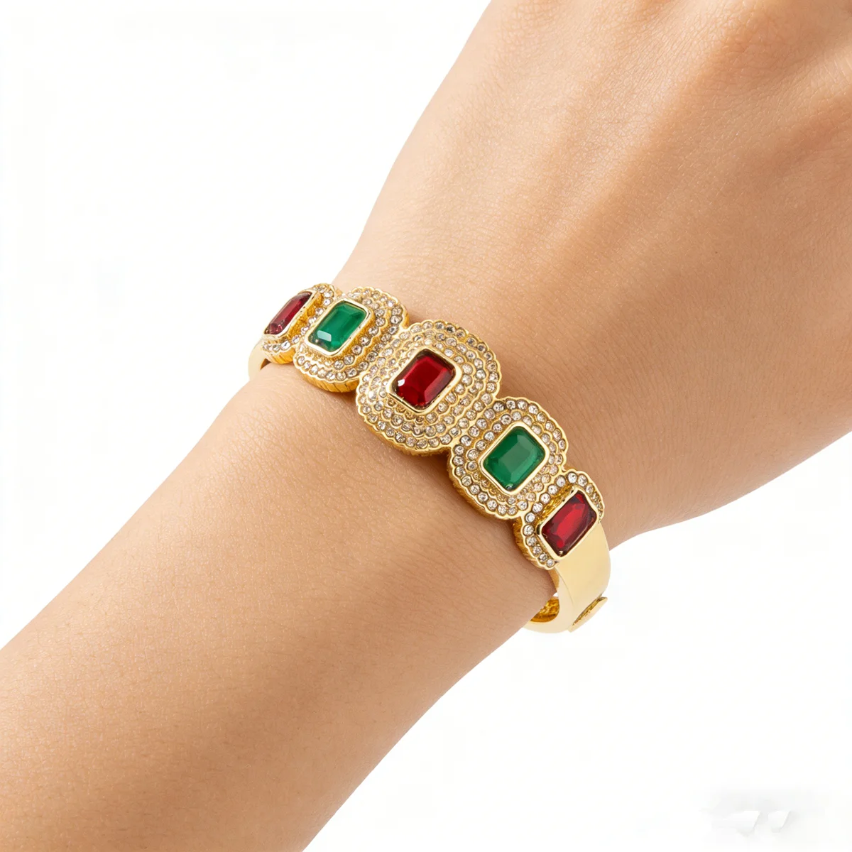 Luxury Gold Plated Bangle Bracelet with Red & Green Cubic Zirconia, Vintage Bridal Jewelry for Women, Dubai Style Wedding Party
Luxury Gold Plated Bangle Bracelet with Red & Green Cubic Zirconia, Vintage Bridal Jewelry for Women, Dubai Style Wedding Party