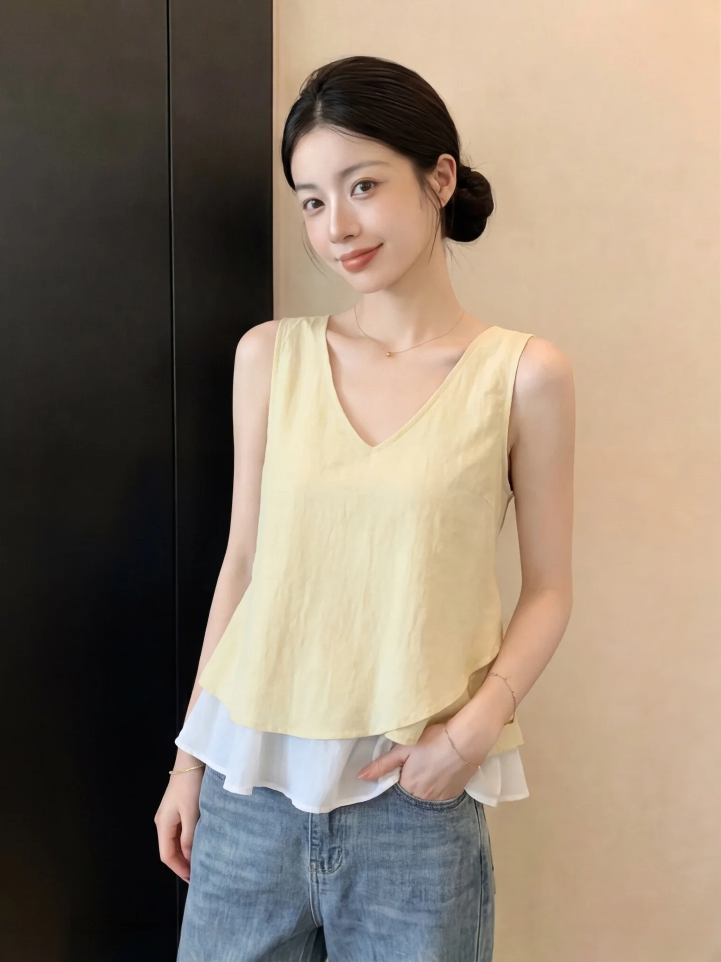Summer New Style Women's Sleeveless V-Neck Shirt Yellow Gradient Color Block Sweet Fashion Backless Top Lace Snowflake Pattern
Summer New Style Women's Sleeveless V-Neck Shirt Yellow Gradient Color Block Sweet Fashion Backless Top Lace Snowflake Pattern