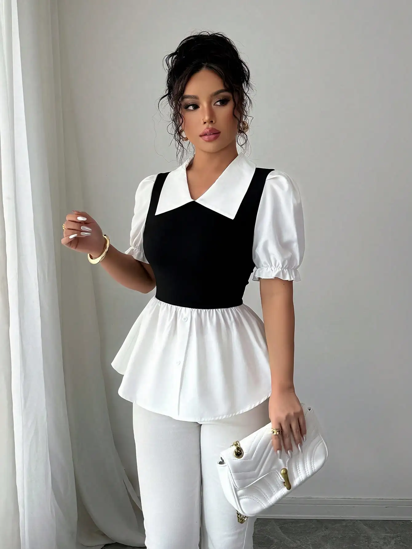 Women's Color Block Peplum Top with Puff Sleeves and Collar, Office to Casual Wear
Women's Color Block Peplum Top with Puff Sleeves and Collar, Office to Casual Wear