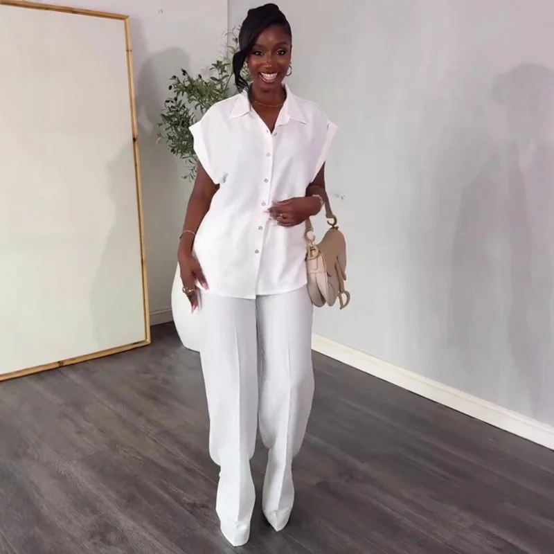 African Women's Wear New Solid Color Single-Breasted Lapel Shirt Short Sleeve Loose Top European and American Leisure Trousers
African Women's Wear New Solid Color Single-Breasted Lapel Shirt Short Sleeve Loose Top European and American Leisure Trousers