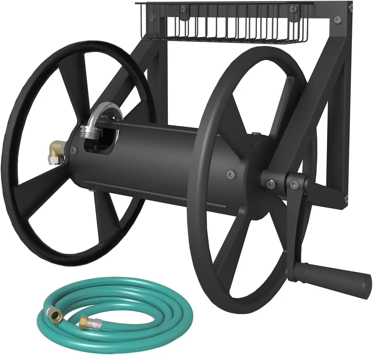 Triangle Wall Mounted Garden Hose Reel, Heavy-Duty Steel, Holds 125ft 5/8-Inch Hose, with 3.9ft Leader Hose, Brass Fitting, Storage Basket, Black
Triangle Wall Mounted Garden Hose Reel, Heavy-Duty Steel, Holds 125ft 5/8-Inch Hose, with 3.9ft Leader Hose, Brass Fitting, Storage Basket, Black