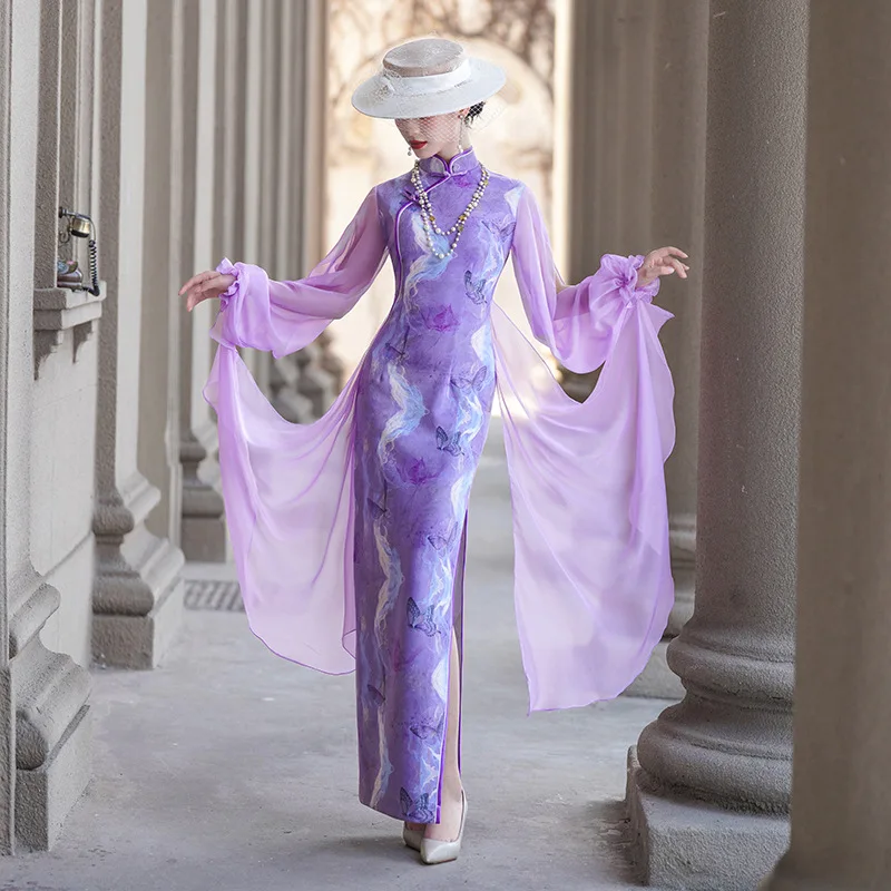 Women's Cheongsam Stand-up Collar French Tulle Butterfly Sleeves Long Cheongsam Dress Ladies Classical Cheongsam Dance Costumes
Women's Cheongsam Stand-up Collar French Tulle Butterfly Sleeves Long Cheongsam Dress Ladies Classical Cheongsam Dance Costumes