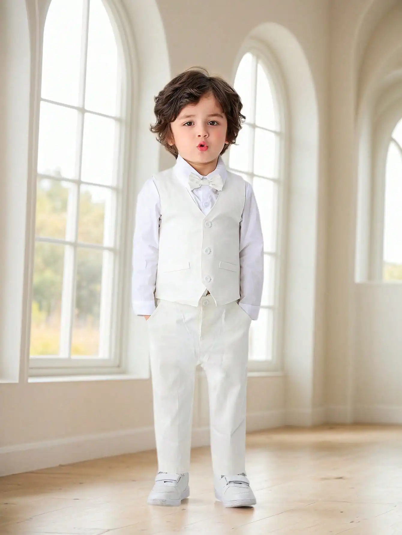 3-Piece Formal Suit Set for Boys: White Shirt, Vest, Pants with Bow Tie
3-Piece Formal Suit Set for Boys: White Shirt, Vest, Pants with Bow Tie