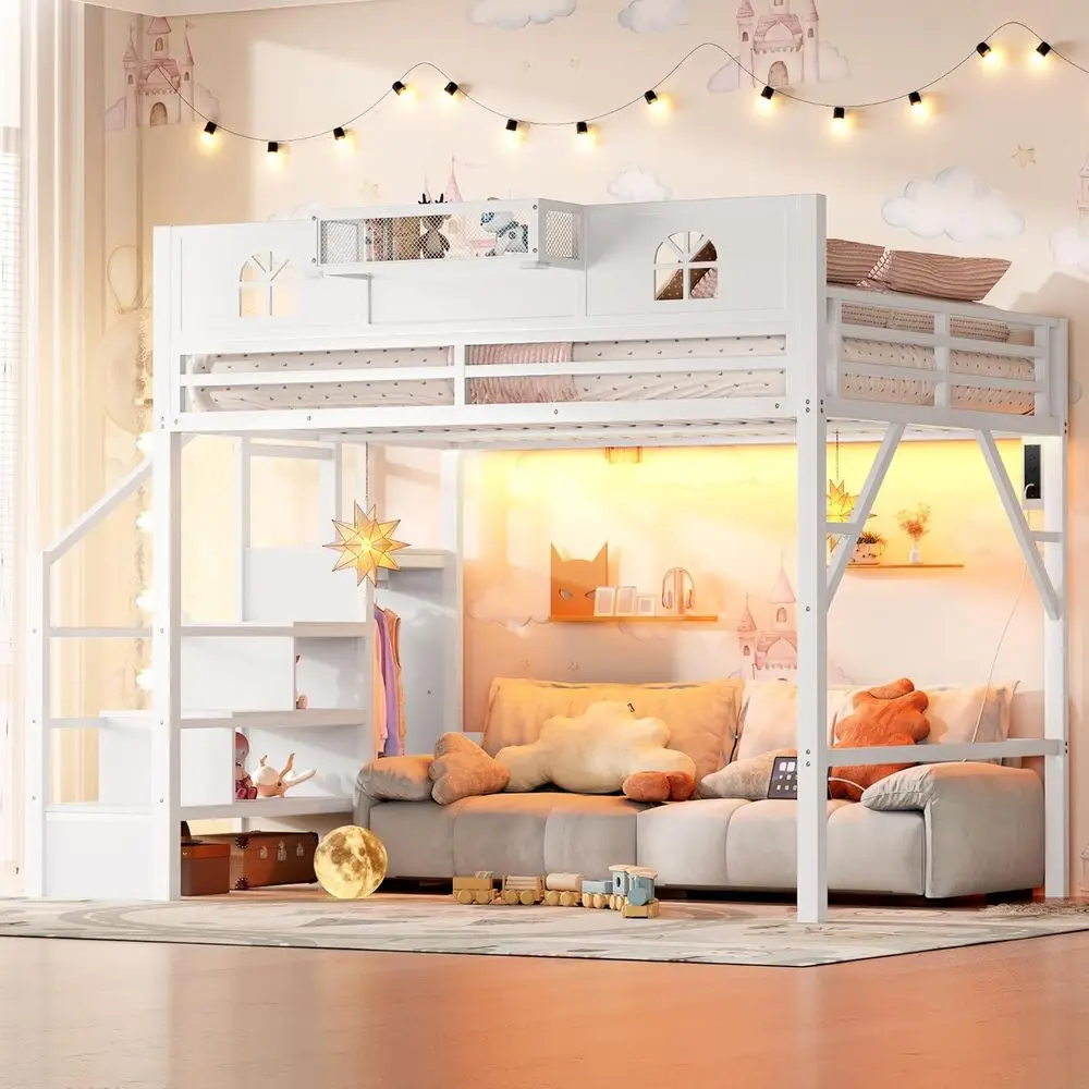 White Metal Loft Bed with Stairs, Wardrobe, Built-in Shelves, LED Lights for Adults, Teens, and Kids
White Metal Loft Bed with Stairs, Wardrobe, Built-in Shelves, LED Lights for Adults, Teens, and Kids
