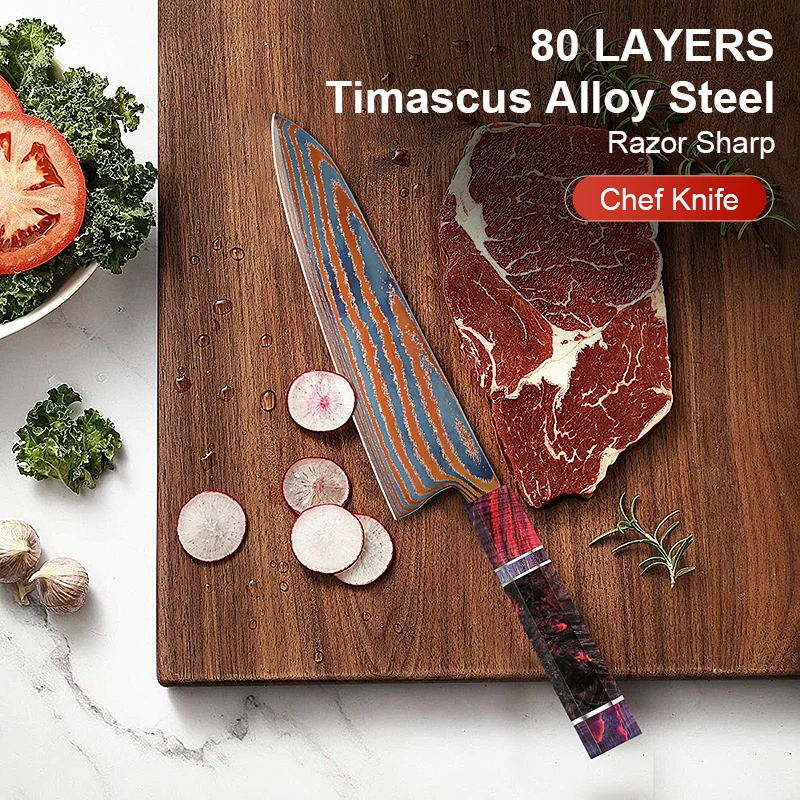 8" chef knife Damascus steel Sharp Timascus knife blade Titanium Cut Vegetable and Meat Stabilized Colored Wood Handle
8" chef knife Damascus steel Sharp Timascus knife blade Titanium Cut Vegetable and Meat Stabilized Colored Wood Handle