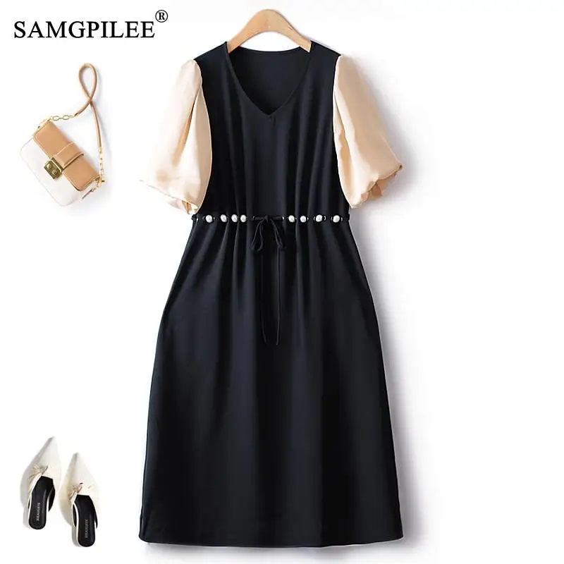Elegant Casual Dresses For Women 2023 New French Fashion Waist Beaded Slim Dropping Puff Sleeve Fake Two Piece Female Dress 4XL
Elegant Casual Dresses For Women 2023 New French Fashion Waist Beaded Slim Dropping Puff Sleeve Fake Two Piece Female Dress 4XL