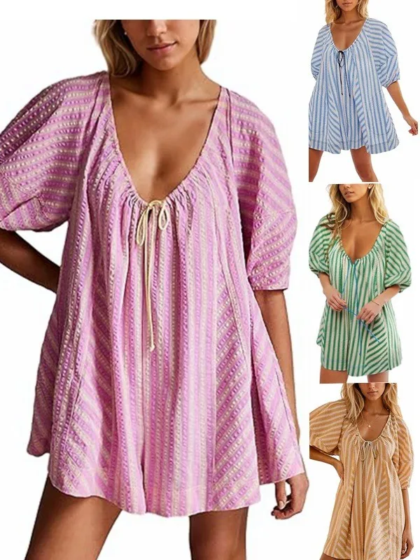Summer Women's Clothing Striped Slimming Deep V Casual Loose Romper For Woman Lightweight Polyester Bubble Sleeve Crop Jumpsuit
Summer Women's Clothing Striped Slimming Deep V Casual Loose Romper For Woman Lightweight Polyester Bubble Sleeve Crop Jumpsuit