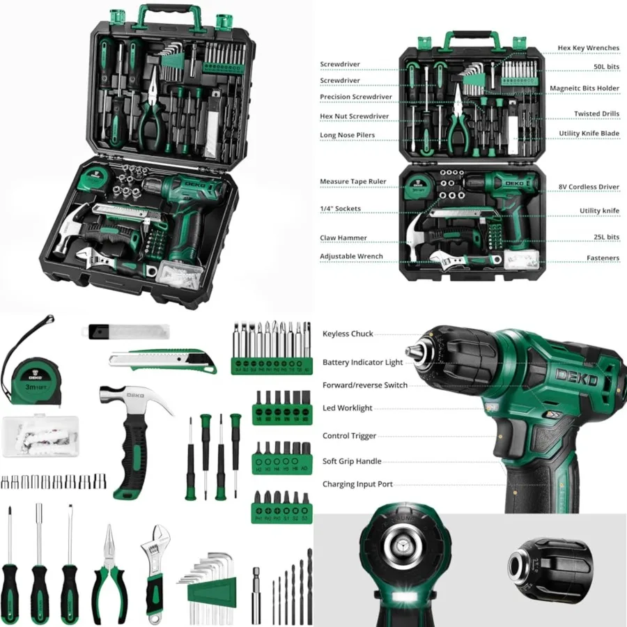 Tool Kit: 8V Cordless Drill, Home Toolbox with storage case, Hand Tool set for Home Repairs 126 Pcs
Tool Kit: 8V Cordless Drill, Home Toolbox with storage case, Hand Tool set for Home Repairs 126 Pcs