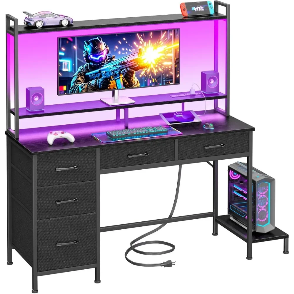 "ergonomic gaming desk with storage and lighting, home office desk with power outlets and display shelves"
"ergonomic gaming desk with storage and lighting, home office desk with power outlets and display shelves"