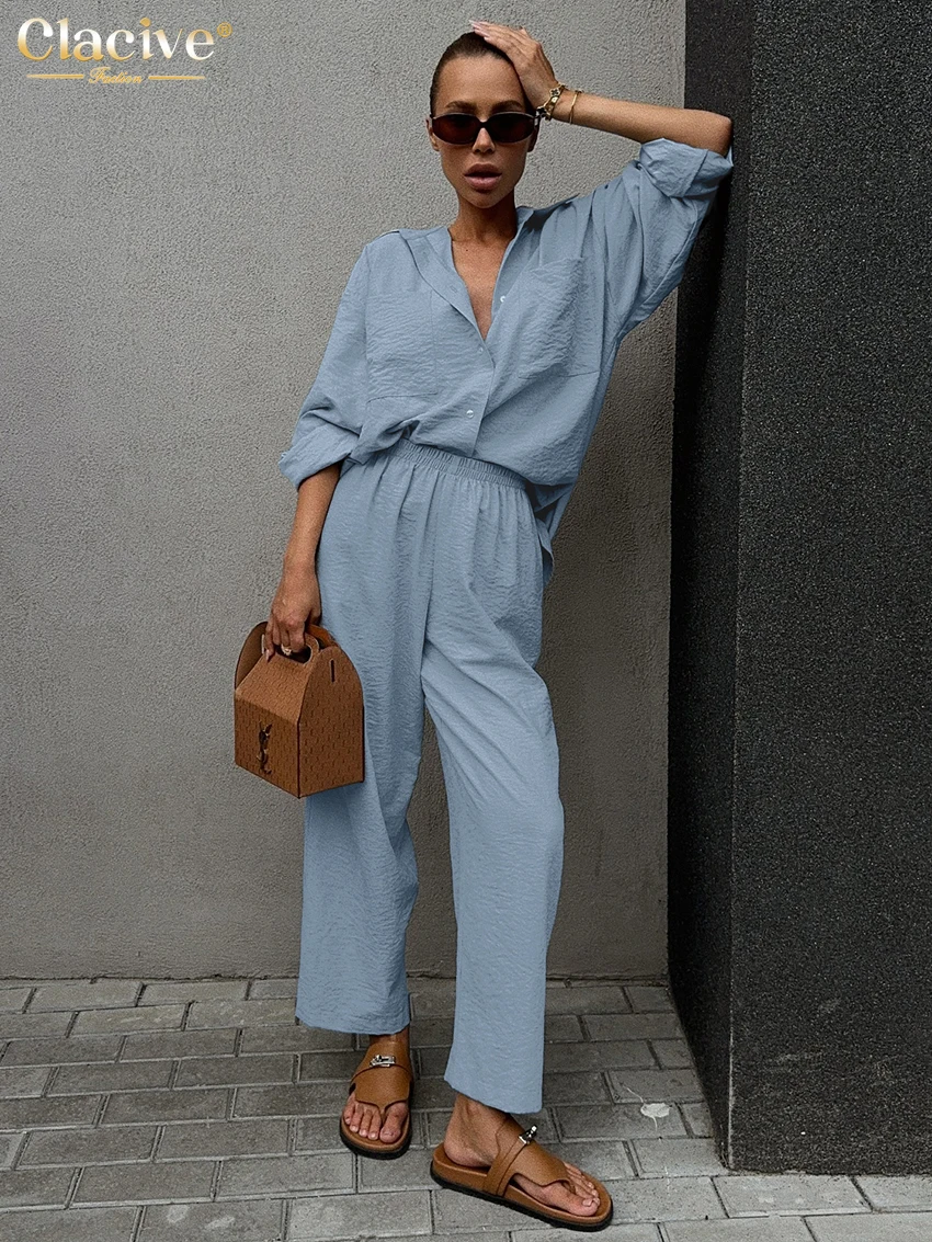 Clacive Модный свободный синий комплект брюк из 2 предметов для женщин 2025 Элегантная рубашка с длинным рукавом и брюки с высокой талией Комплект женской уличной одежды
Clacive Модный свободный синий комплект брюк из 2 предметов для женщин 2025 Элегантная рубашка с длинным рукавом и брюки с высокой талией Комплект женской уличной одежды