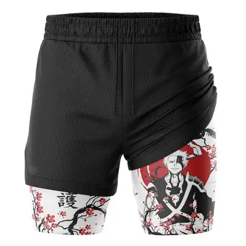 Men's 2-Layer Athletic Shorts with Berserk Manga Sketch Print, Black Swordman Character Battle Scene for Casual Sports Wear