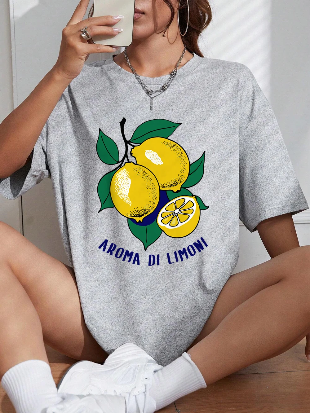 Aroma Di Lemons Fruit Printing T-Shirts Womens Cotton Summer Tops Comfortable Oversized O-Neck T Shirt Casual Womans Clothes
Aroma Di Lemons Fruit Printing T-Shirts Womens Cotton Summer Tops Comfortable Oversized O-Neck T Shirt Casual Womans Clothes