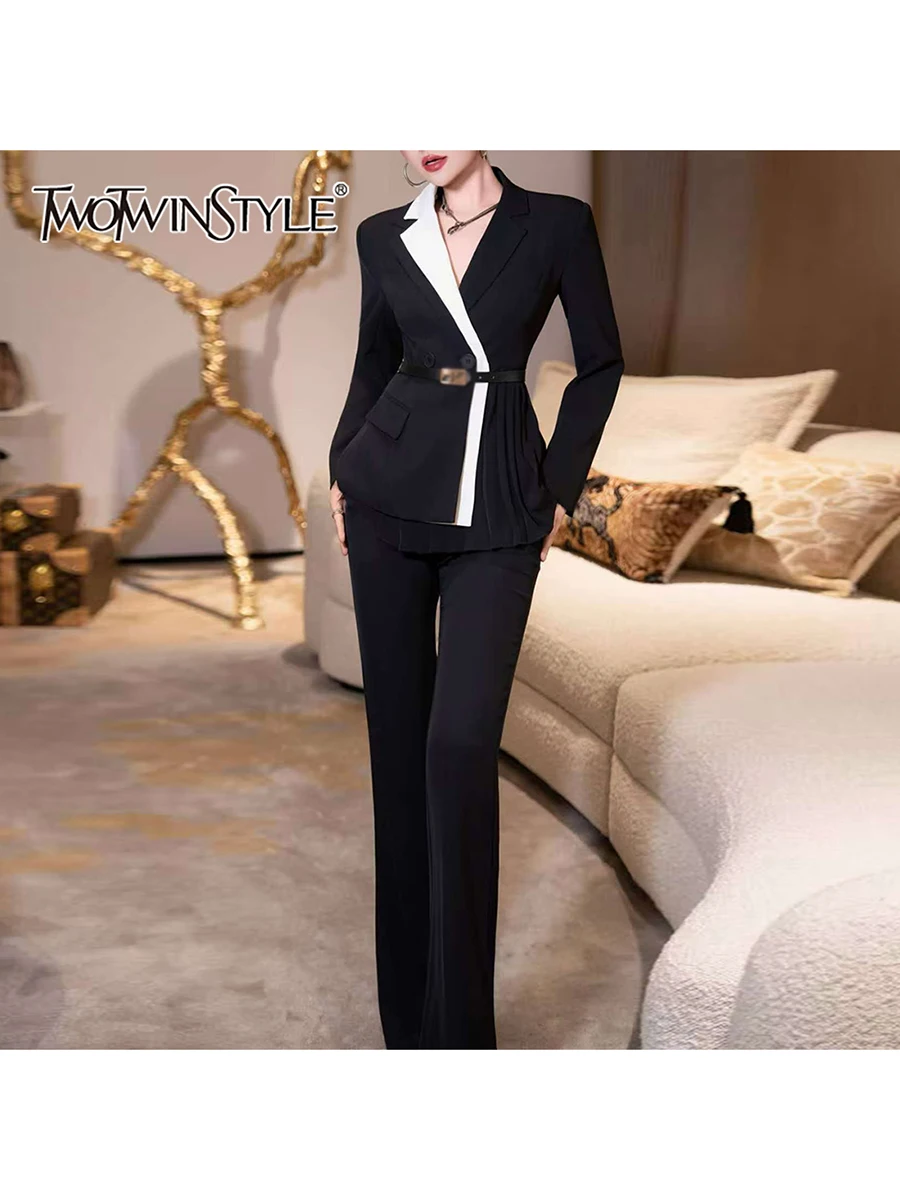 TWOTWINSTYLE Office Lady Two Piece Set for Women Lapel Long Sleeve Slim Folds Coat High Waist Trousers Hit Color Outfit Female
TWOTWINSTYLE Office Lady Two Piece Set for Women Lapel Long Sleeve Slim Folds Coat High Waist Trousers Hit Color Outfit Female