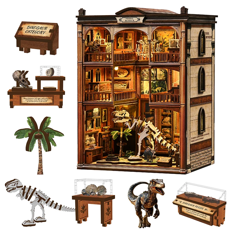DIY Fossil Museum Book Nook Wooden Miniature Model Kits Dinosaur Bookend 3D Puzzle with Light Bookshelf for Friend Birthday Gift
DIY Fossil Museum Book Nook Wooden Miniature Model Kits Dinosaur Bookend 3D Puzzle with Light Bookshelf for Friend Birthday Gift