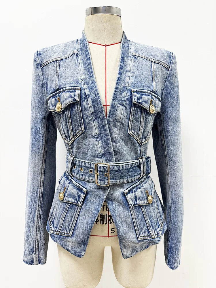 TOP QUALITY Newest 2025 Designer Jacket Women's Belt Slim Fitting Lion Buttons Denim Blazer
TOP QUALITY Newest 2025 Designer Jacket Women's Belt Slim Fitting Lion Buttons Denim Blazer