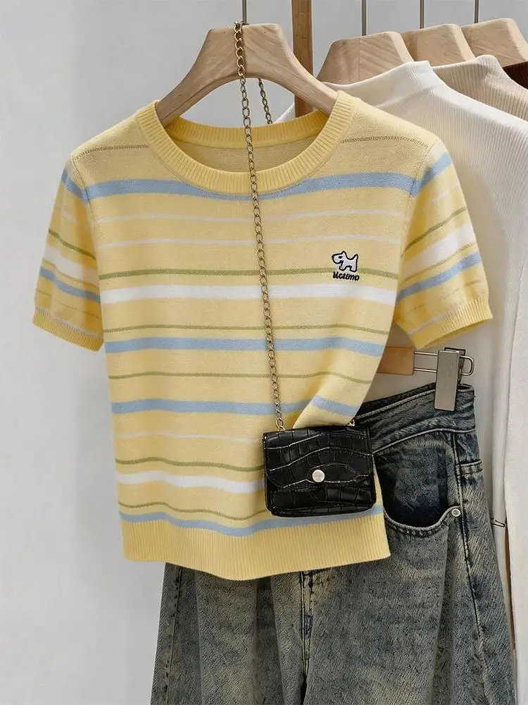 Korean Style Slimming Loose Fit round Neck Short Sleeve T-Shirt Women's Summer Breathable Comfortable Knitted Stripe Embroide...
Korean Style Slimming Loose Fit round Neck Short Sleeve T-Shirt Women's Summer Breathable Comfortable Knitted Stripe Embroide...