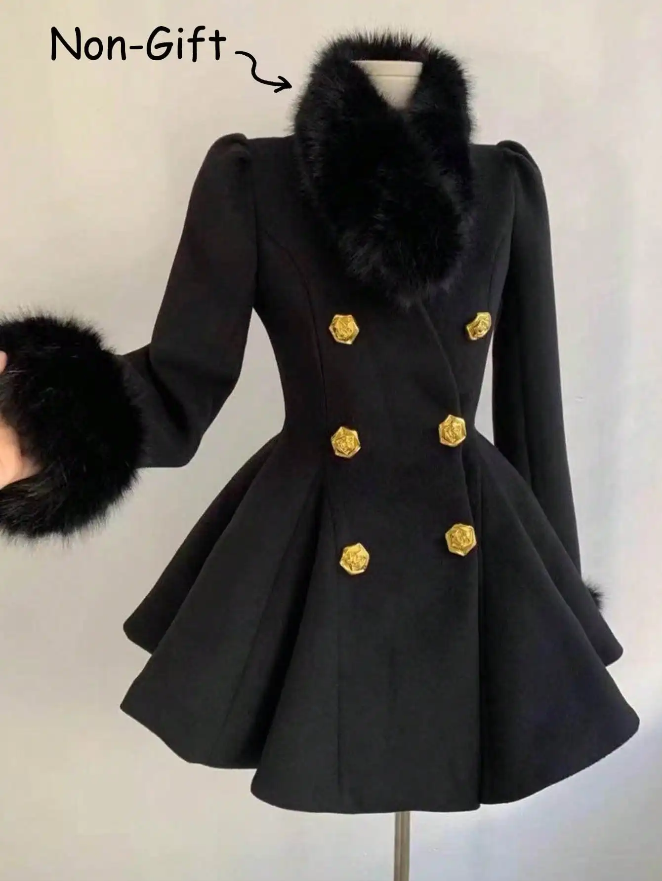Women's Black Double-Breasted Peplum Jacket with Faux Fur Collar and Gold Buttons, Winter
Women's Black Double-Breasted Peplum Jacket with Faux Fur Collar and Gold Buttons, Winter