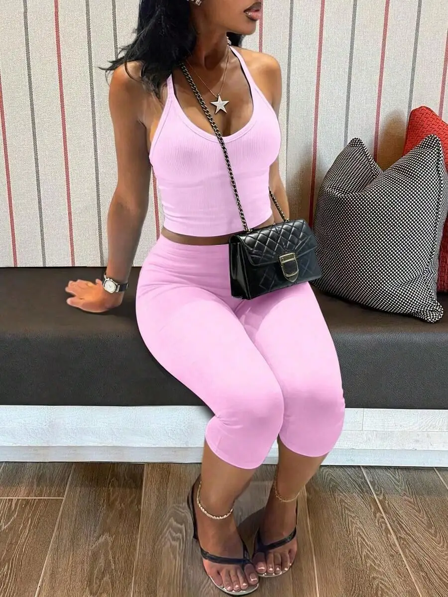 Womens V-Neck Knit Camisole And Capri Pants Set Solid Pink Summer Casual Outfit
Womens V-Neck Knit Camisole And Capri Pants Set Solid Pink Summer Casual Outfit