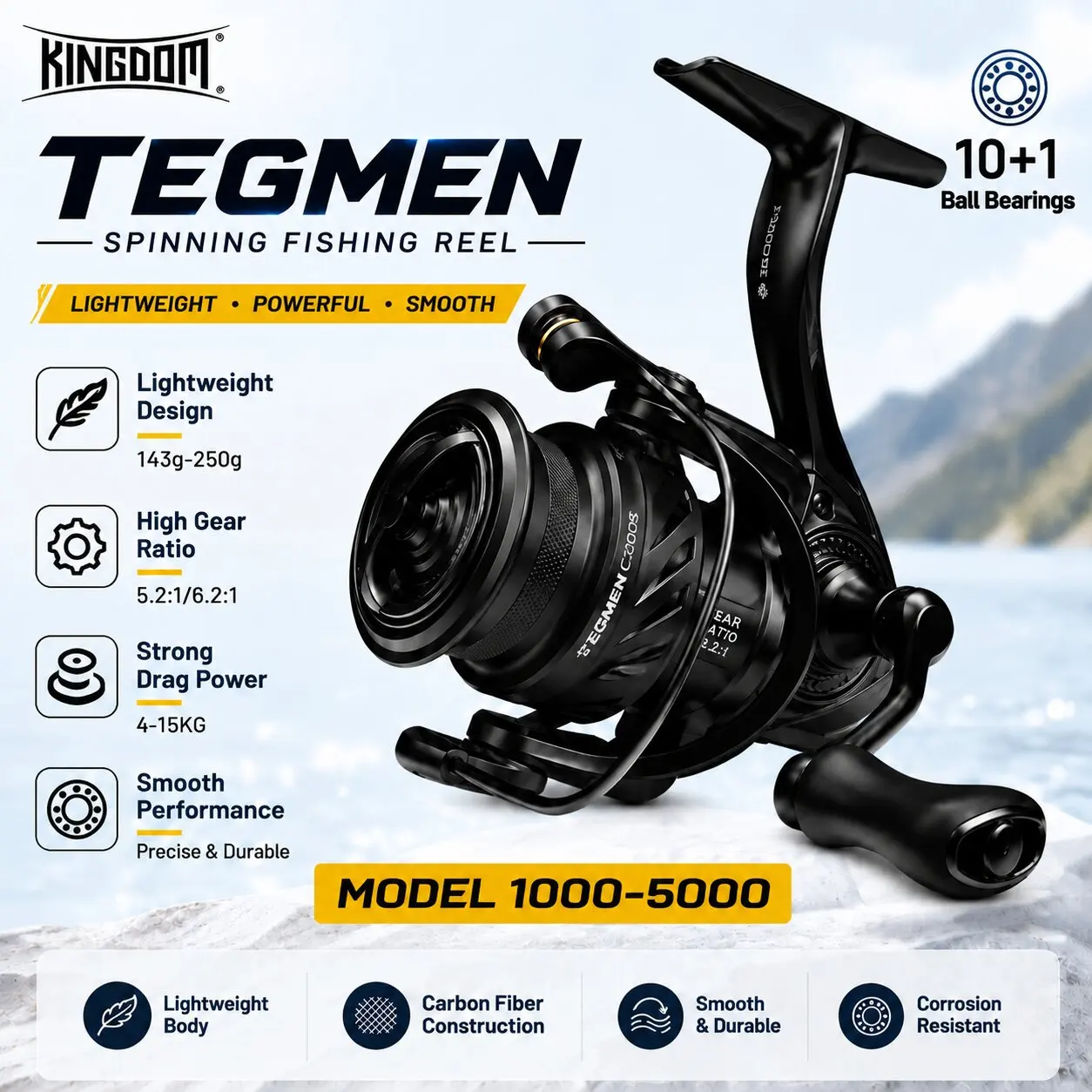 Kingdom Tegmen Spinning Fishing Reels 143g 5.2:1 6.2:1 High Speed Gear Ratio 4-15kg Max Drag 10+1 BB Carbon Fishing Tackle Reel
Kingdom Tegmen Spinning Fishing Reels 143g 5.2:1 6.2:1 High Speed Gear Ratio 4-15kg Max Drag 10+1 BB Carbon Fishing Tackle Reel