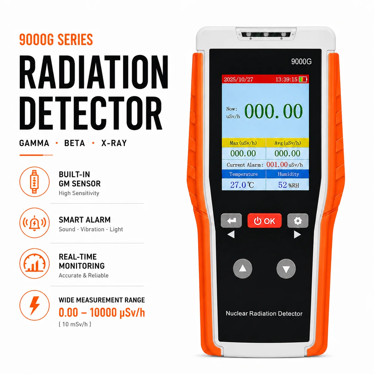 Nuclear Radiation Detector Geiger Counter 9000G with GM Tube, X-Ray Gamma Beta Ray Dosimeter, LCD Display Alarm Meter
Nuclear Radiation Detector Geiger Counter 9000G with GM Tube, X-Ray Gamma Beta Ray Dosimeter, LCD Display Alarm Meter