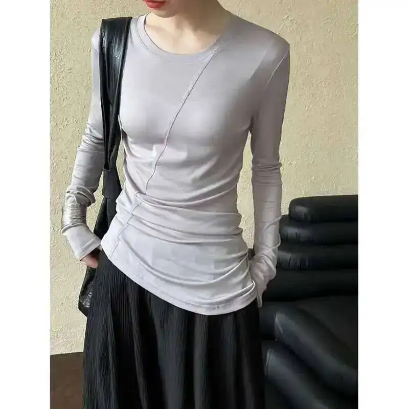 Women Slim Irregular T-shirt Spring Summer Cut Line Round Neck Long Sleeve Soft Solid Tops
Women Slim Irregular T-shirt Spring Summer Cut Line Round Neck Long Sleeve Soft Solid Tops
