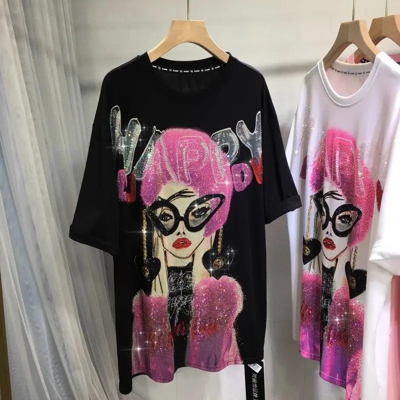 L-4XL Plus Size Casual T Shirts for Women Cartoon Lady Rhinestone Summer Short Sleeve Loose Tops Womens Clothing Женская Одежда 
L-4XL Plus Size Casual T Shirts for Women Cartoon Lady Rhinestone Summer Short Sleeve Loose Tops Womens Clothing Женская Одежда