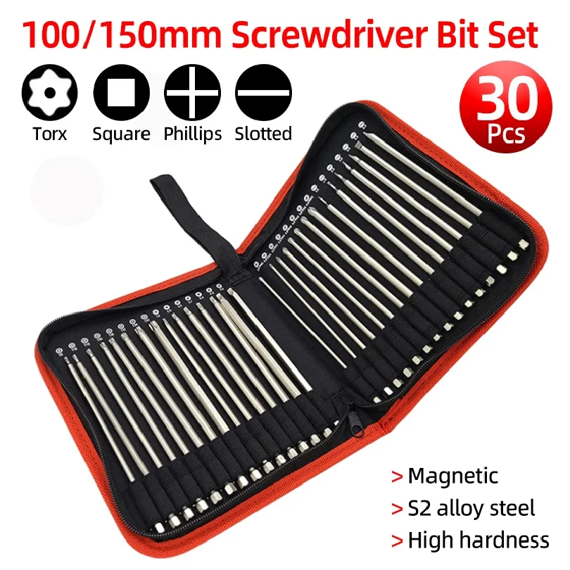30Pcs Set 100/150mm S2 Steel Magnetic Screwdriver Bits 1/4 Inch Hex Shank Power Tools Slotted Cross Square Torx
30Pcs Set 100/150mm S2 Steel Magnetic Screwdriver Bits 1/4 Inch Hex Shank Power Tools Slotted Cross Square Torx