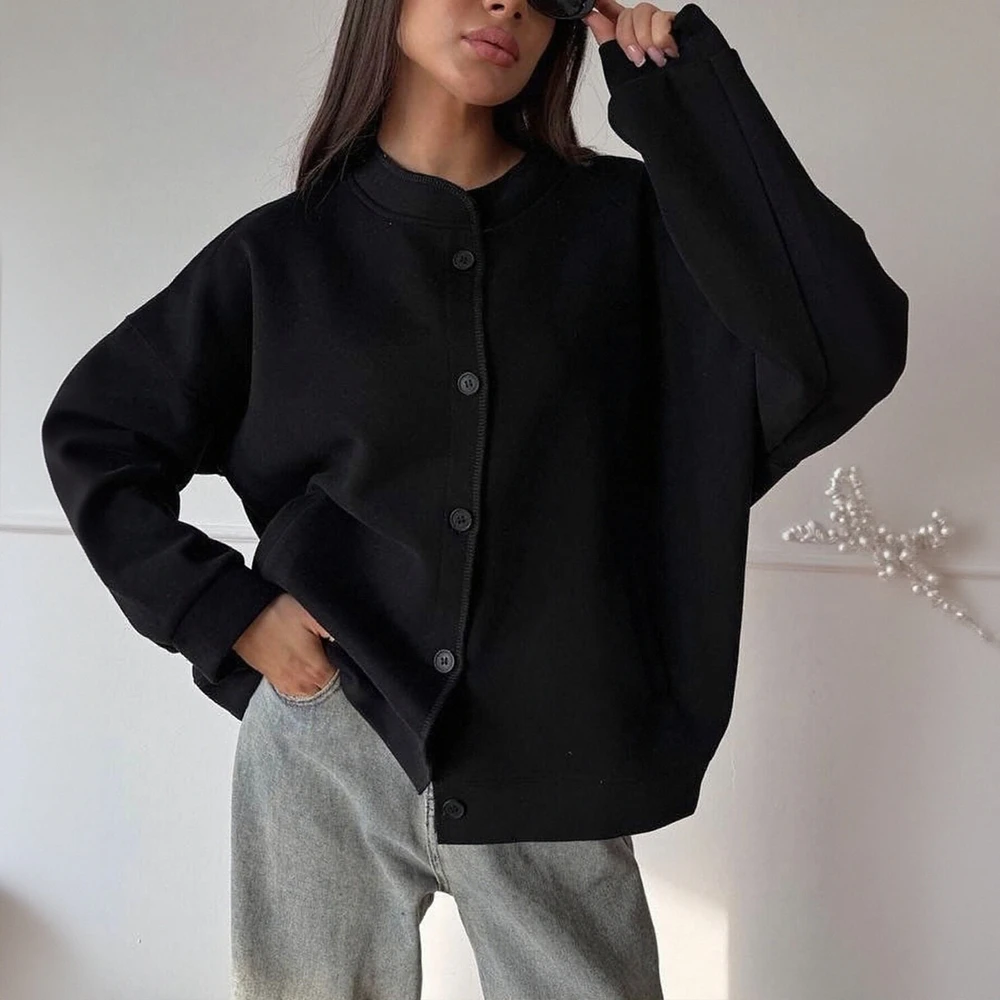 Женская повседневная куртка с длинным рукавом и круглым вырезом на пуговицах через осенний базовый топ, однотонная простая повседневная одежда
Женская повседневная куртка с длинным рукавом и круглым вырезом на пуговицах через осенний базовый топ, однотонная простая повседневная одежда