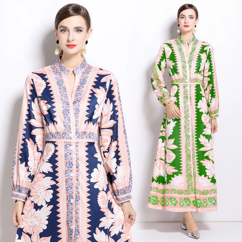 European and American fashion palace style V-neck single breasted printed dress for women office lady skirt
European and American fashion palace style V-neck single breasted printed dress for women office lady skirt