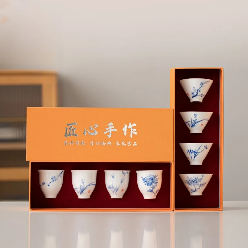 Подглазурная ручная роспись, белая фарфоровая чайная чашка, чашка в форме блюдца, китайский чайный сервиз Gongfu, мастер-чашка, подарочная коробка