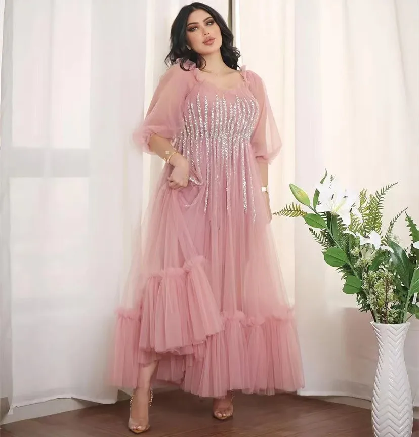 Saudi Arabia Dresses Party Women Wear Tulle Plus Size Prom Dress Square Neck Beaded Three Quarters Special Banquet for Ladies
Saudi Arabia Dresses Party Women Wear Tulle Plus Size Prom Dress Square Neck Beaded Three Quarters Special Banquet for Ladies