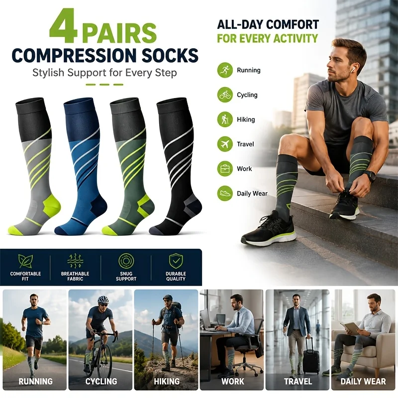 4-Pack, Unisex Calf Compression Socks - Knee Support Socks for Running, Hiking, Cycling, Marathon and Daily Work
4-Pack, Unisex Calf Compression Socks - Knee Support Socks for Running, Hiking, Cycling, Marathon and Daily Work