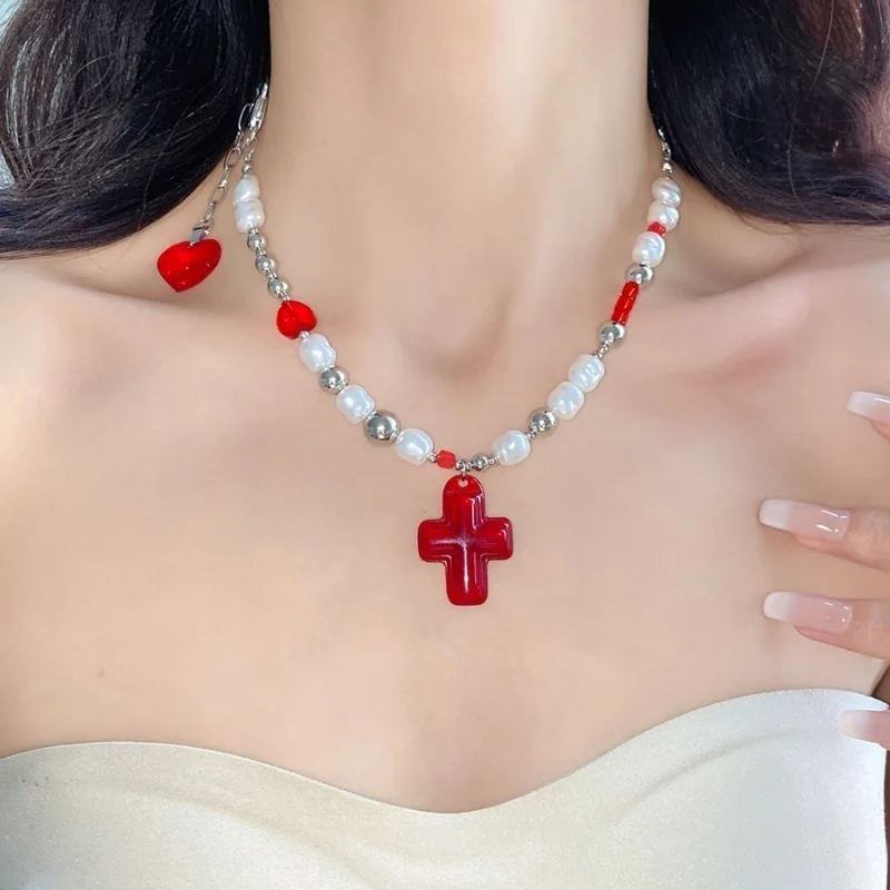 New Style Glass Heart-Shaped Pearl Cross Pendant Necklace, Irregular Pearl Choker, Trendy Women's Accessory
New Style Glass Heart-Shaped Pearl Cross Pendant Necklace, Irregular Pearl Choker, Trendy Women's Accessory