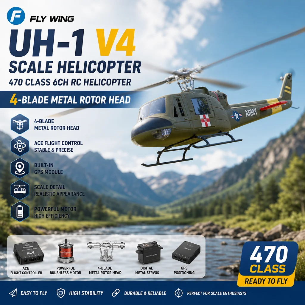 FLYWING UH1 V4 Huey 470 Size RC Scale Helicopter – 4-Blade, 6CH, Metal Rotor, ACE Flight Controller & GPS
FLYWING UH1 V4 Huey 470 Size RC Scale Helicopter – 4-Blade, 6CH, Metal Rotor, ACE Flight Controller & GPS