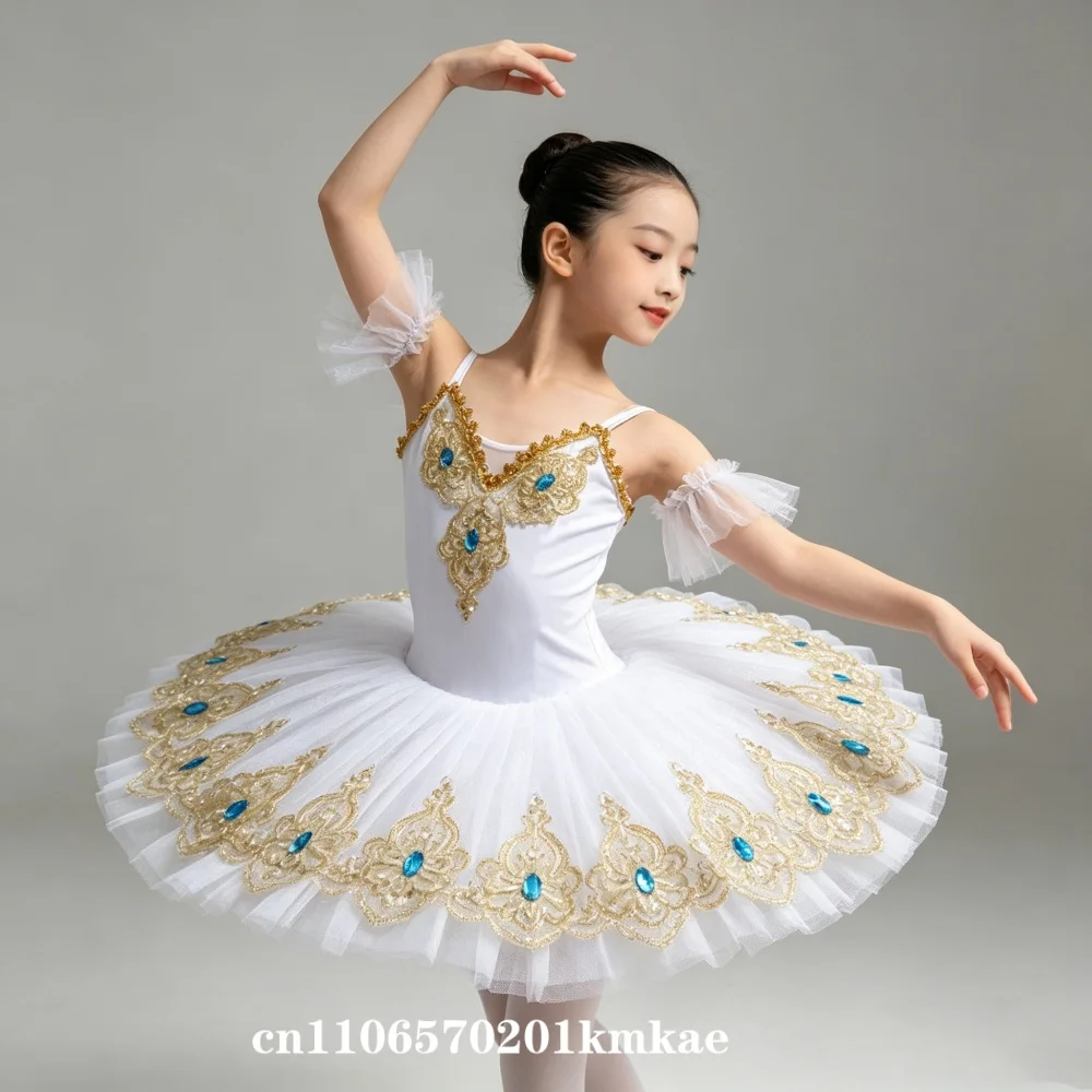 White Professional Ballet Tutu Dress with Gold Lace & Blue Rhinestones, Girls Classic Ballerina Costume for Performance
White Professional Ballet Tutu Dress with Gold Lace & Blue Rhinestones, Girls Classic Ballerina Costume for Performance