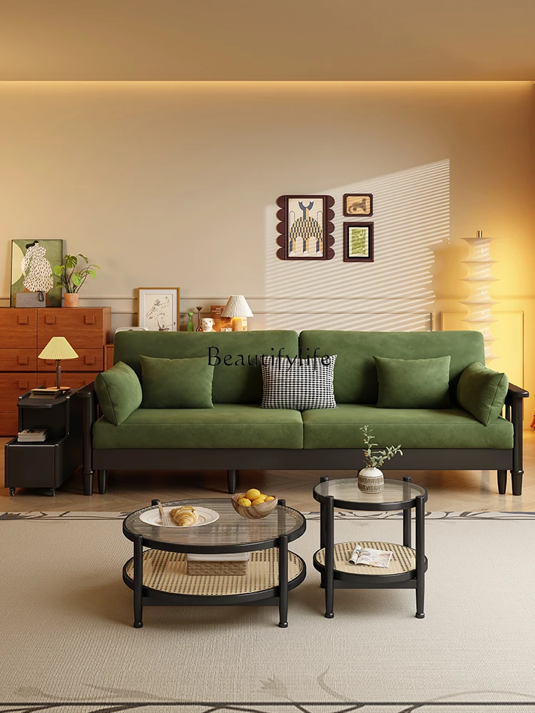 French retro solid wood sofa living room three-person velvet fabric straight row small apartment simple household sofa bed 
French retro solid wood sofa living room three-person velvet fabric straight row small apartment simple household sofa bed